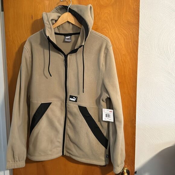Puma Fleece Jacket Mens Medium Tan Zip Pockets - Picture 1 of 2